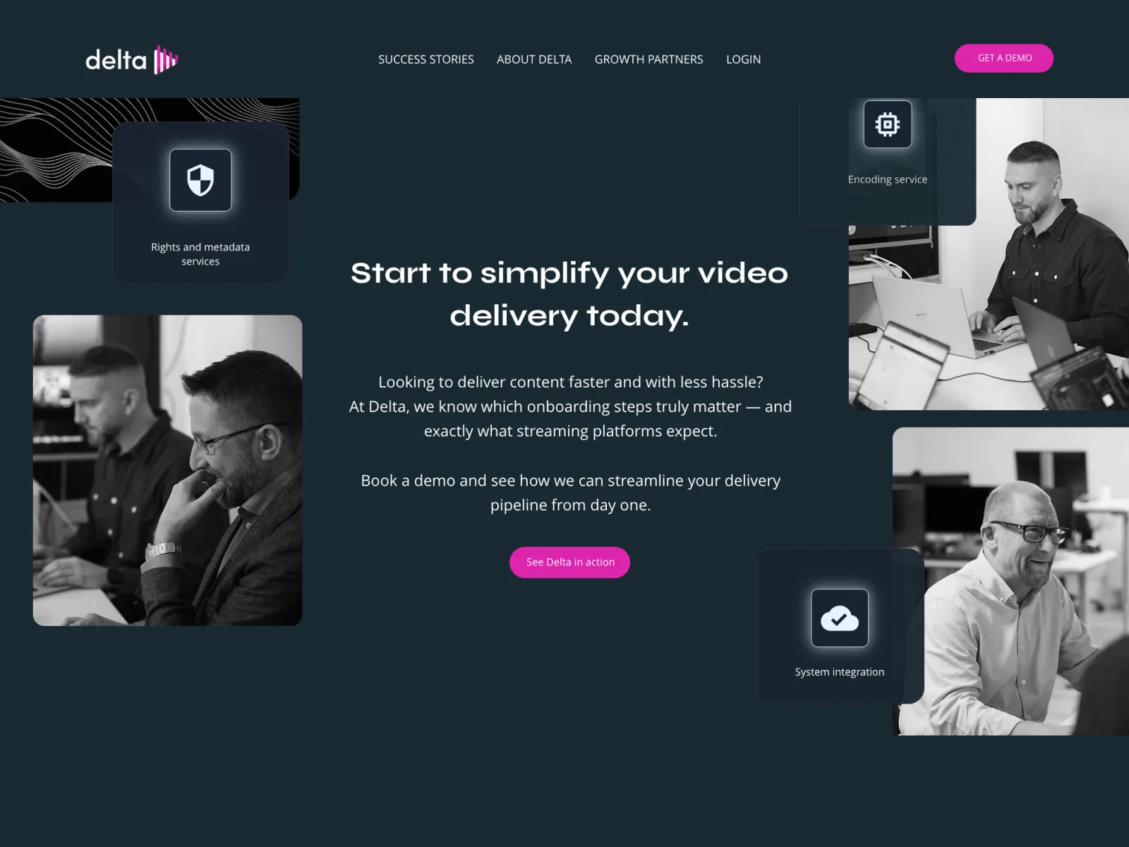 Sida på deltasystem.tv med svartvita porträtt av medarbetarna och rubriken ”Start to simplify your video delivery today.”