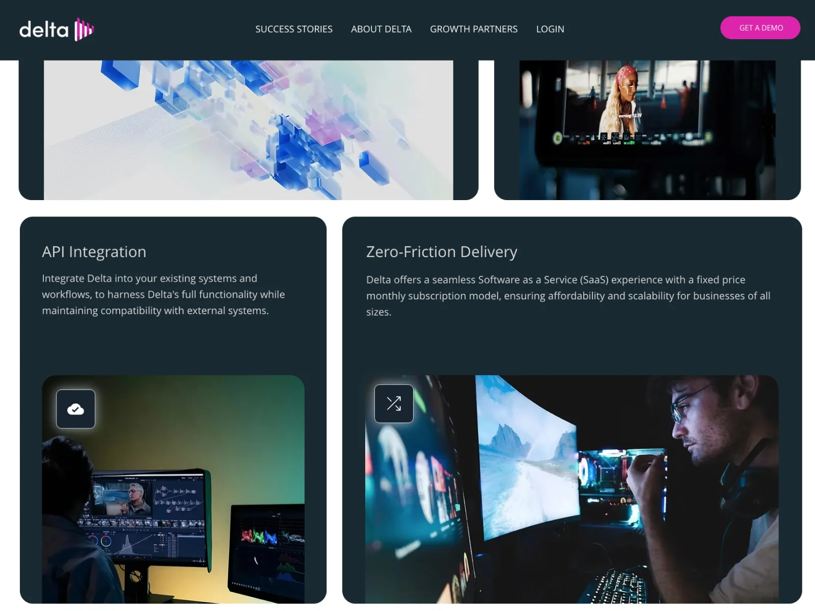 Tjänstekort på deltasystem.tv med bilder, bland annat API Integration och Zero-Friction Delivery.