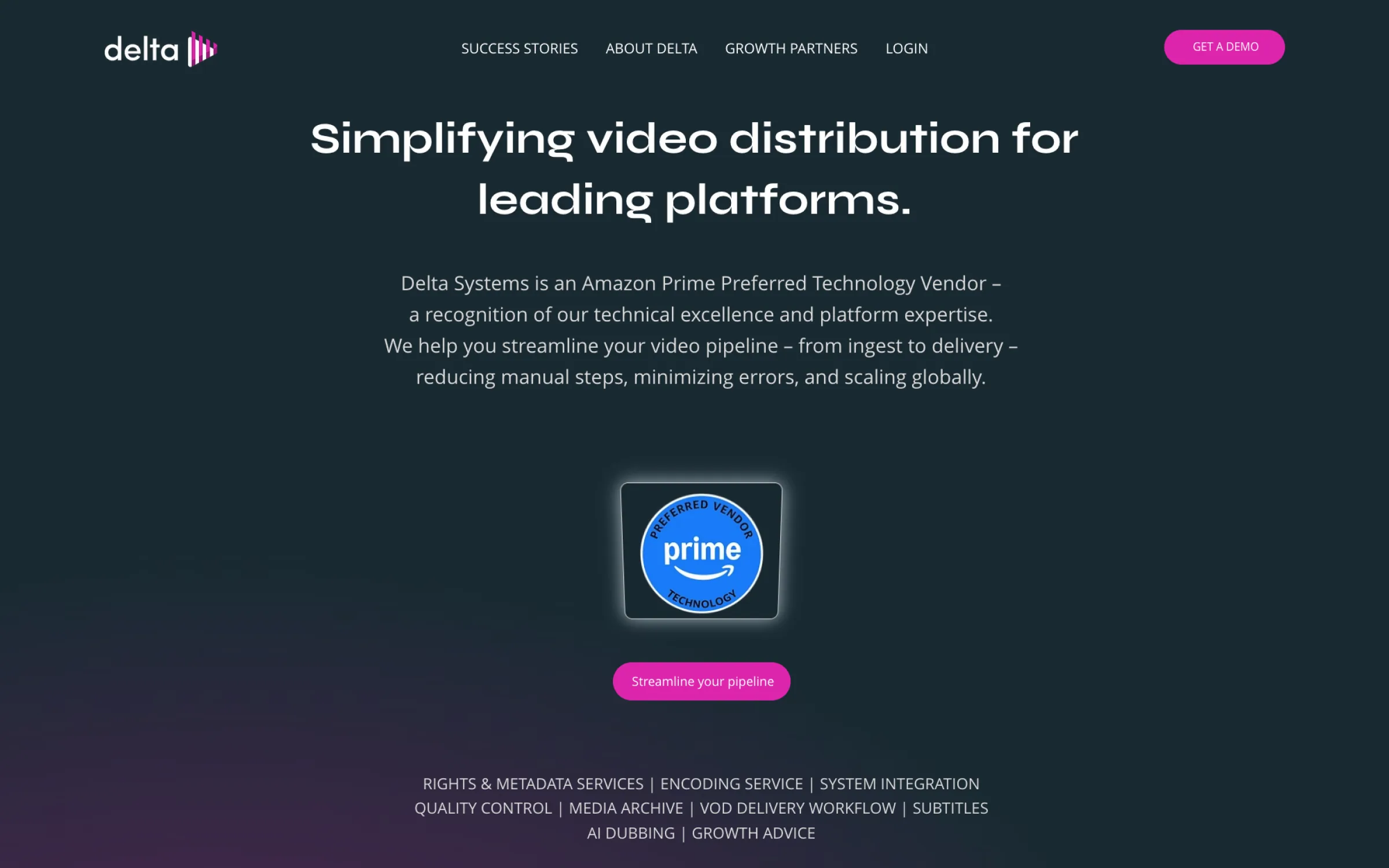 Startsidan på deltasystem.tv med rubriken ”Simplifying video distribution for leading platforms.”