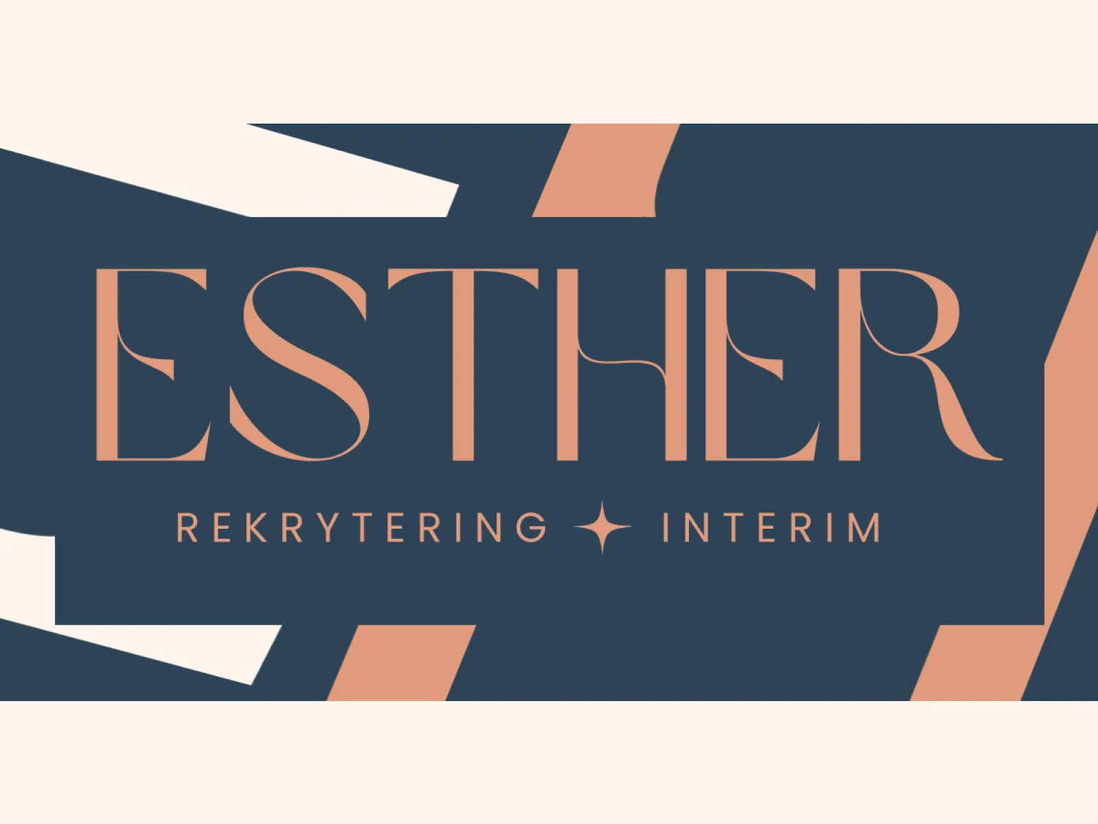 Esthers logotyp med texten ”Rekrytering · Interim” i korall mot mörkblått, med grafiska former.