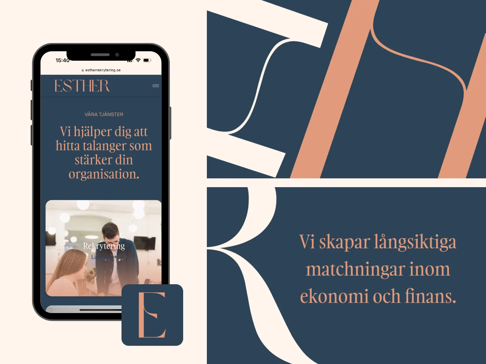 Sajten i en mobil, symbolen E och budskapet ”Vi skapar långsiktiga matchningar inom ekonomi och finans.”