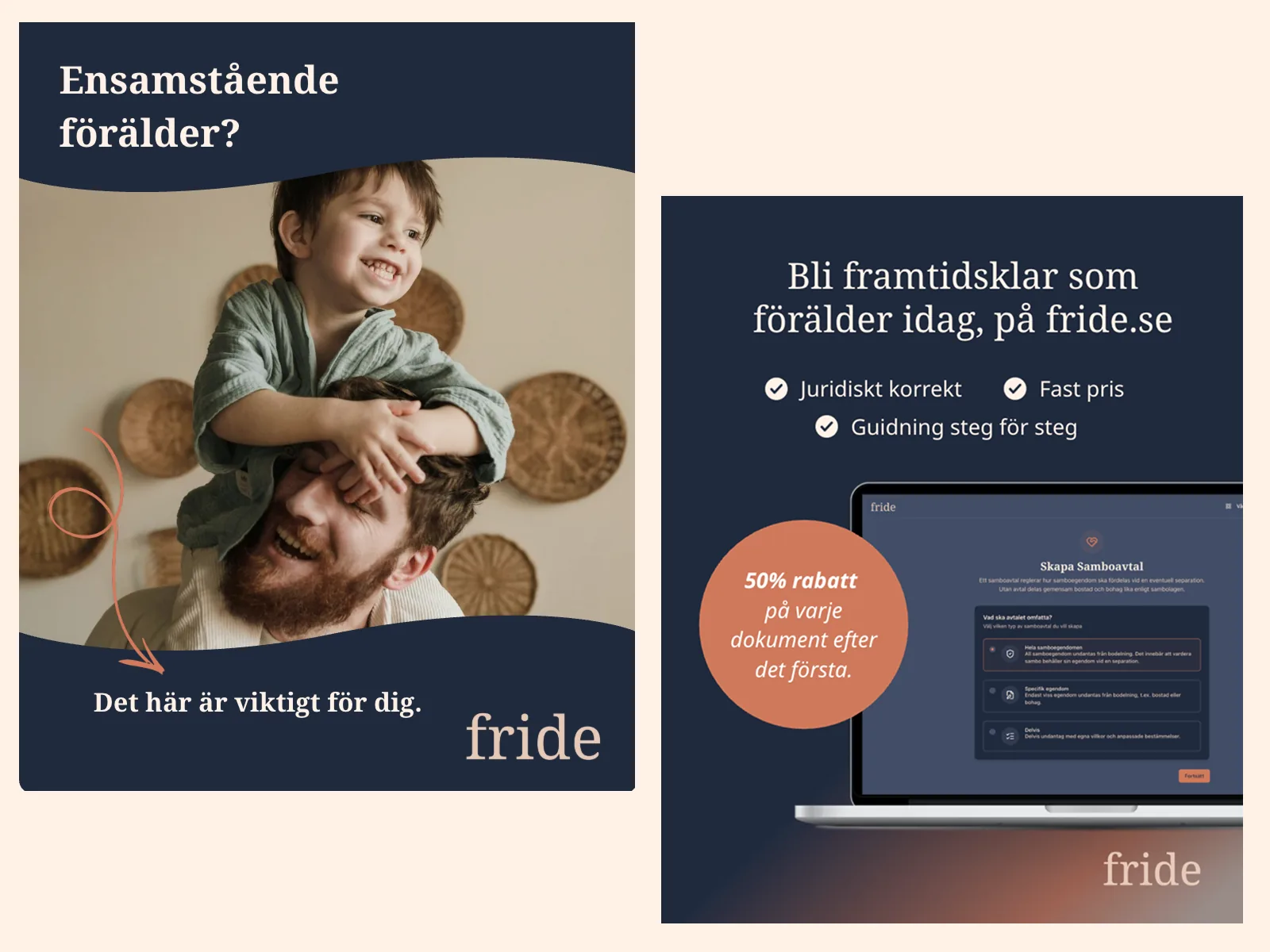 Två annonser för Fride: ”Ensamstående förälder?” och ”Bli framtidsklar som förälder idag” med samboavtalet på en laptop.