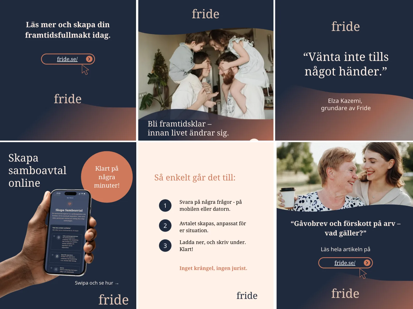 Sex inlägg för Fride i sociala medier, med fotografier, citat och en steg-för-steg-guide i Frides färger.