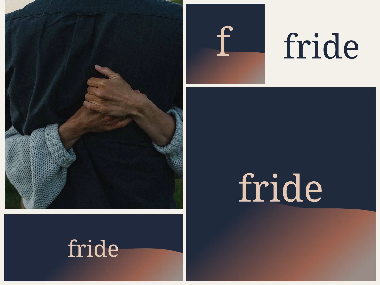 Frides logotyp och symbol i mörkblått, beige och en varm gradient, tillsammans med ett fotografi ur bildspråket.