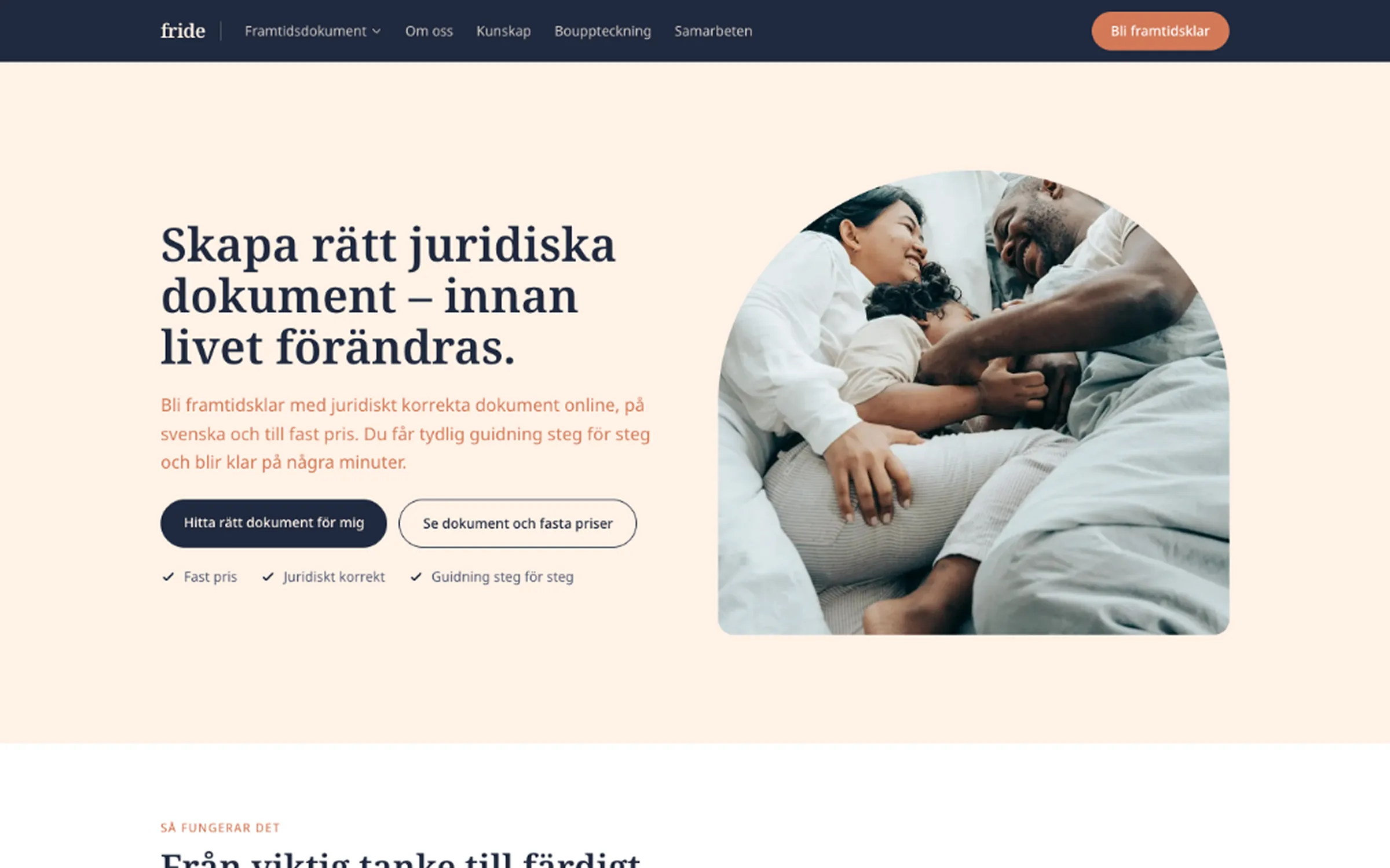 Startsidan på fride.se med rubriken ”Skapa rätt juridiska dokument – innan livet förändras.”