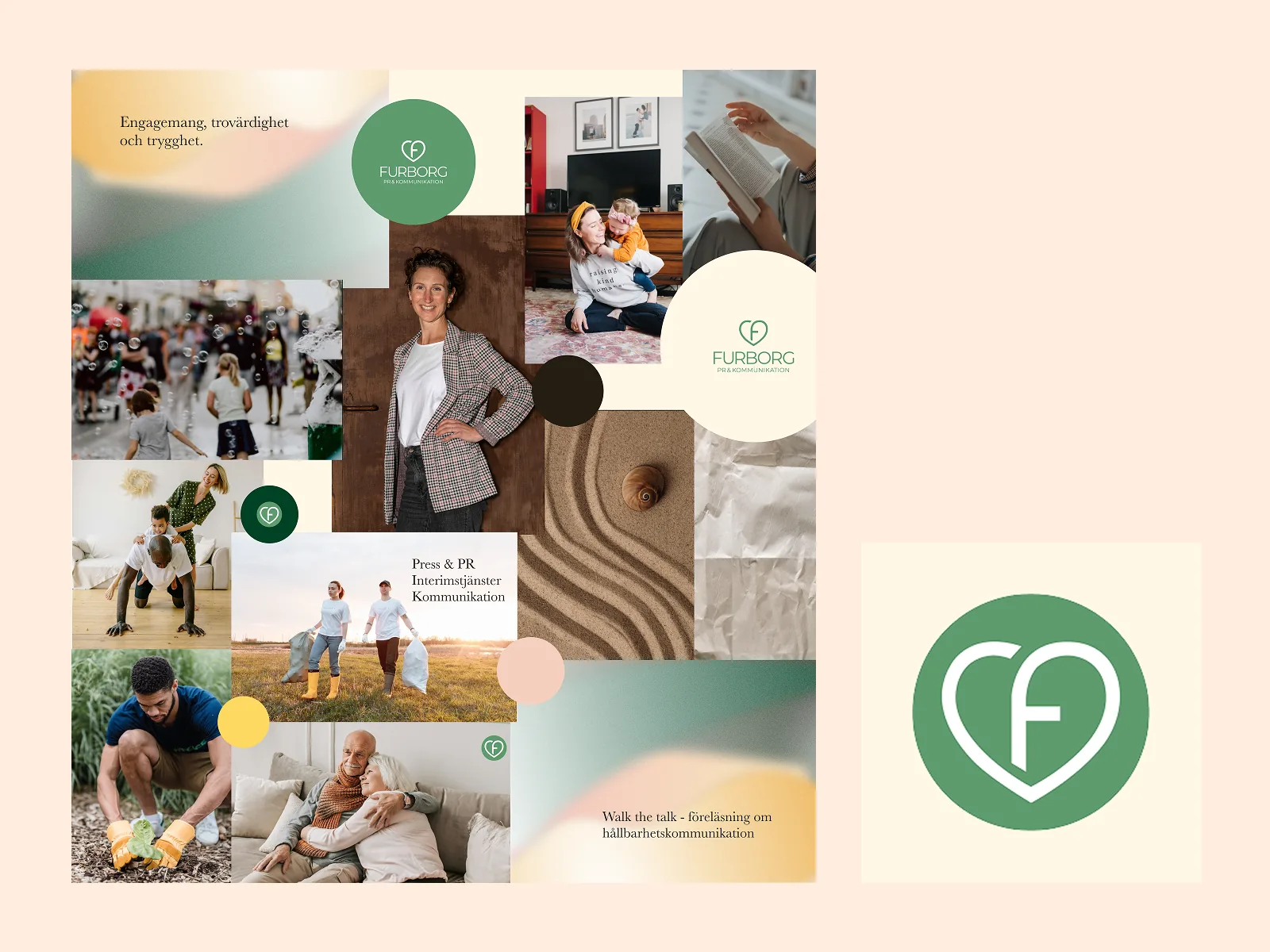 Moodboard för Furborg PR med bildspråk, färger och logotypen: ett hjärta format som ett F.
