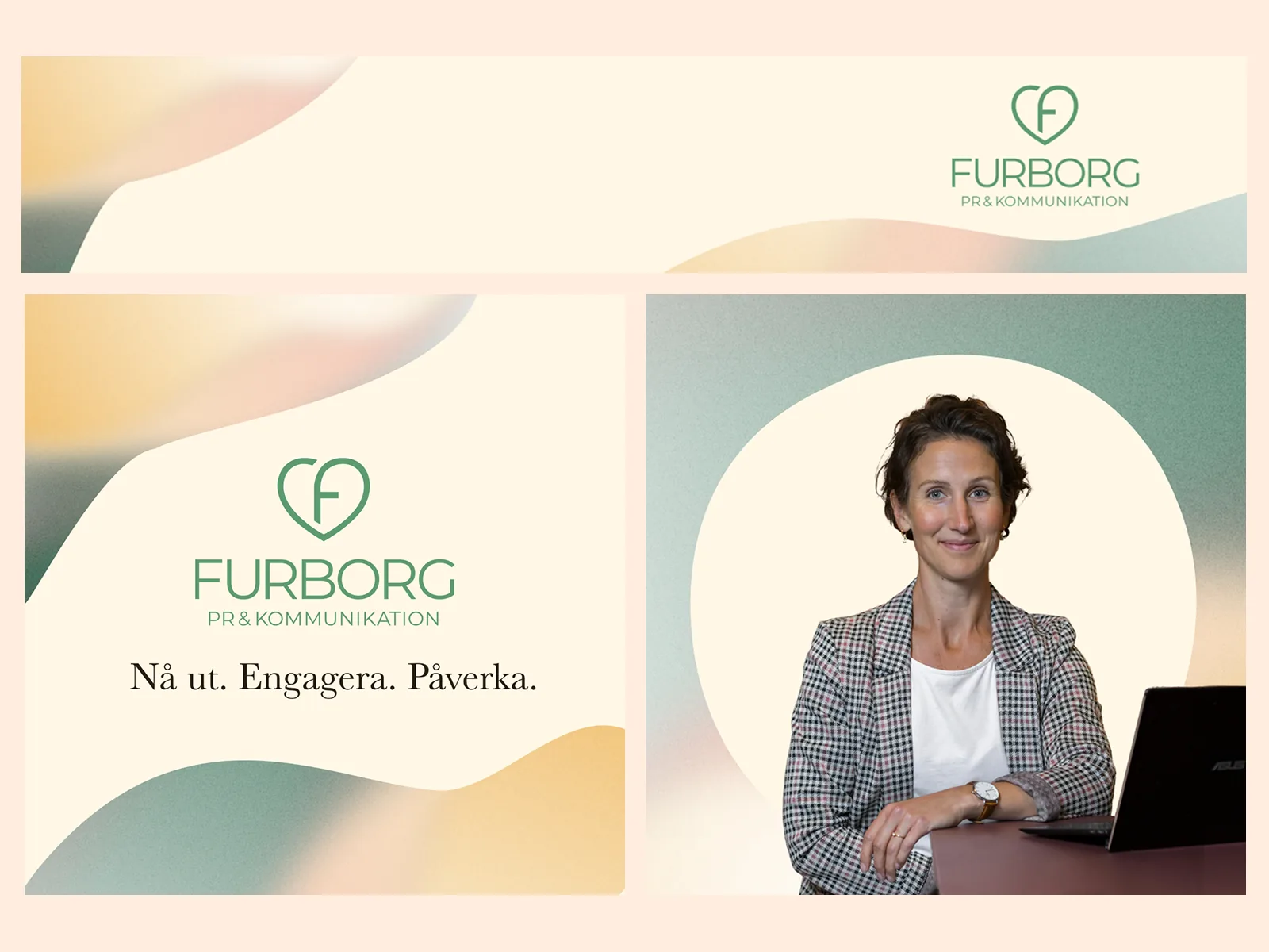 Furborg PR:s logotyp, budskapet ”Nå ut. Engagera. Påverka.” och ett porträtt av Amelie i identitetens grafiska former.
