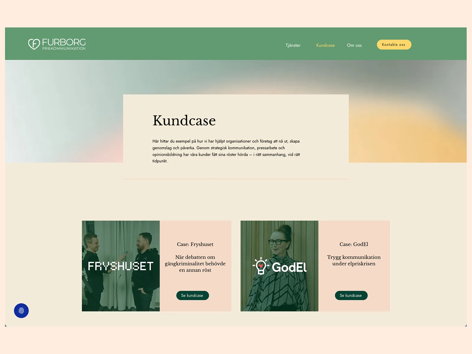 Sidan med kundcase på furborgpr.se, med case för Fryshuset och GodEl.