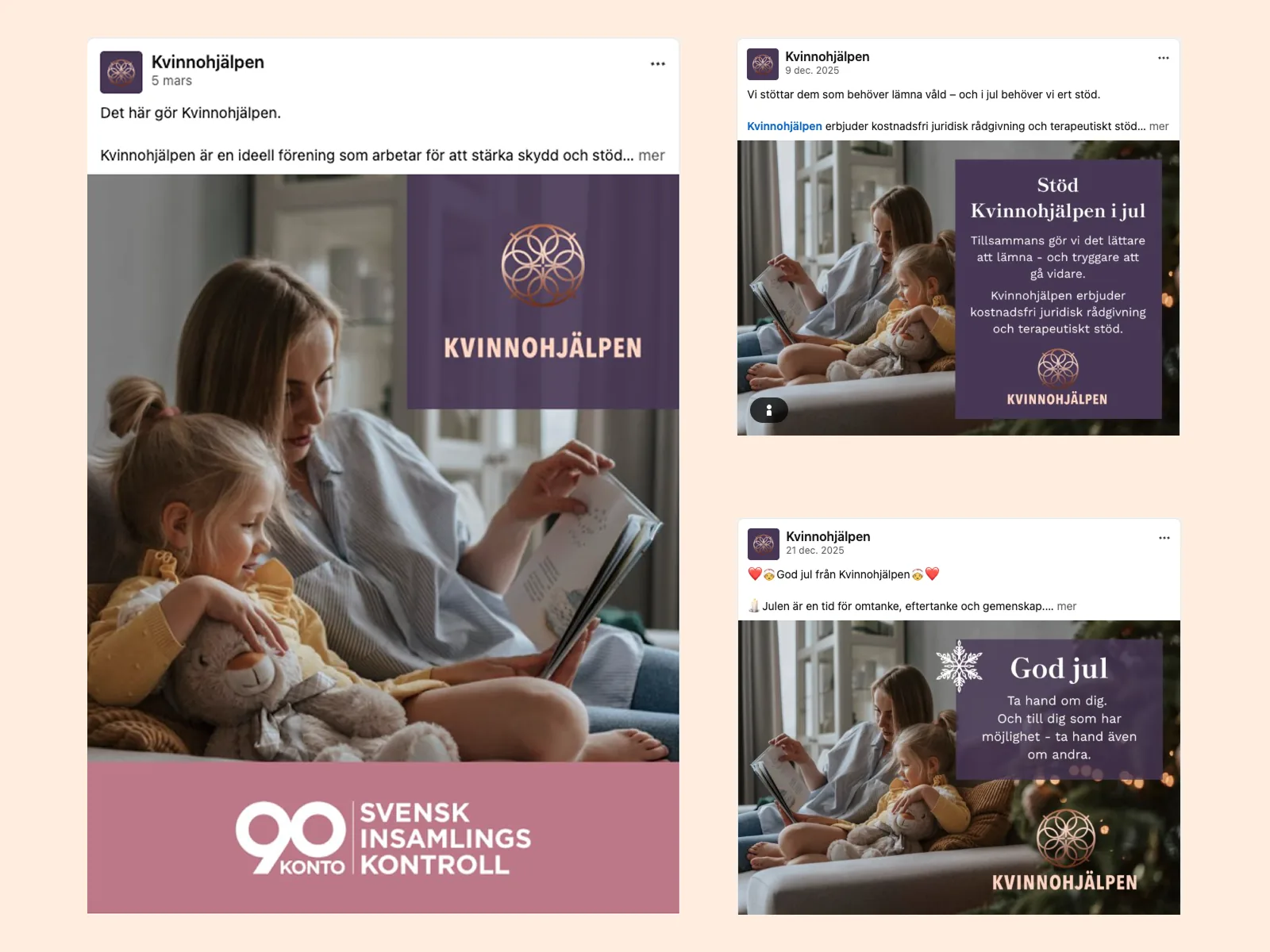 Kvinnohjälpens inlägg i sociala medier, med fotografier och logotypen på lila bakgrund.