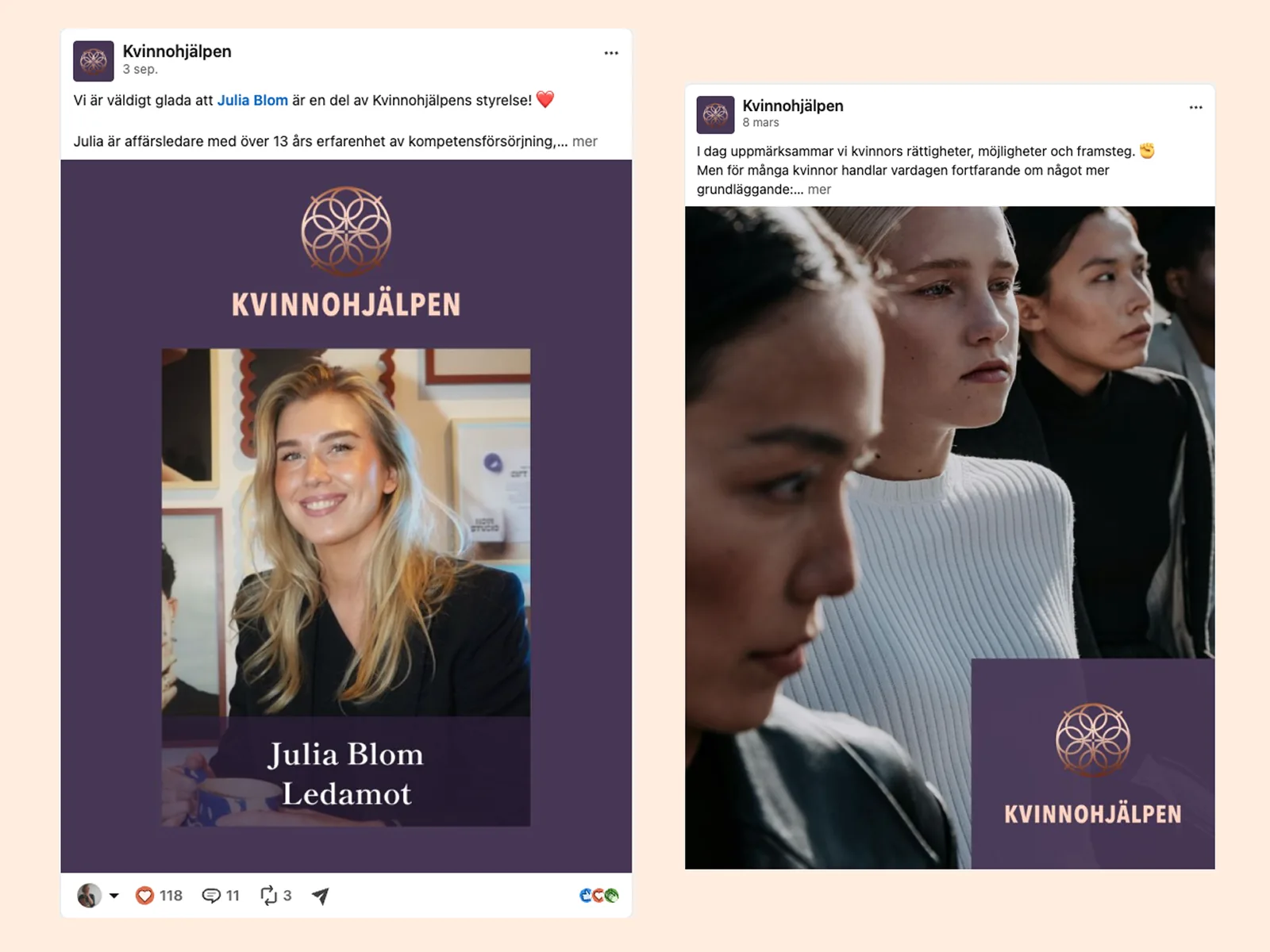 Två inlägg för Kvinnohjälpen: en presentation av en ny ledamot och ett inlägg med porträtt av kvinnor.