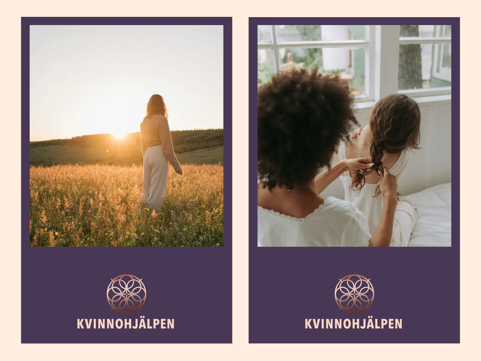 Två bildmallar med fotografier och Kvinnohjälpens logotyp i koppar mot lila.