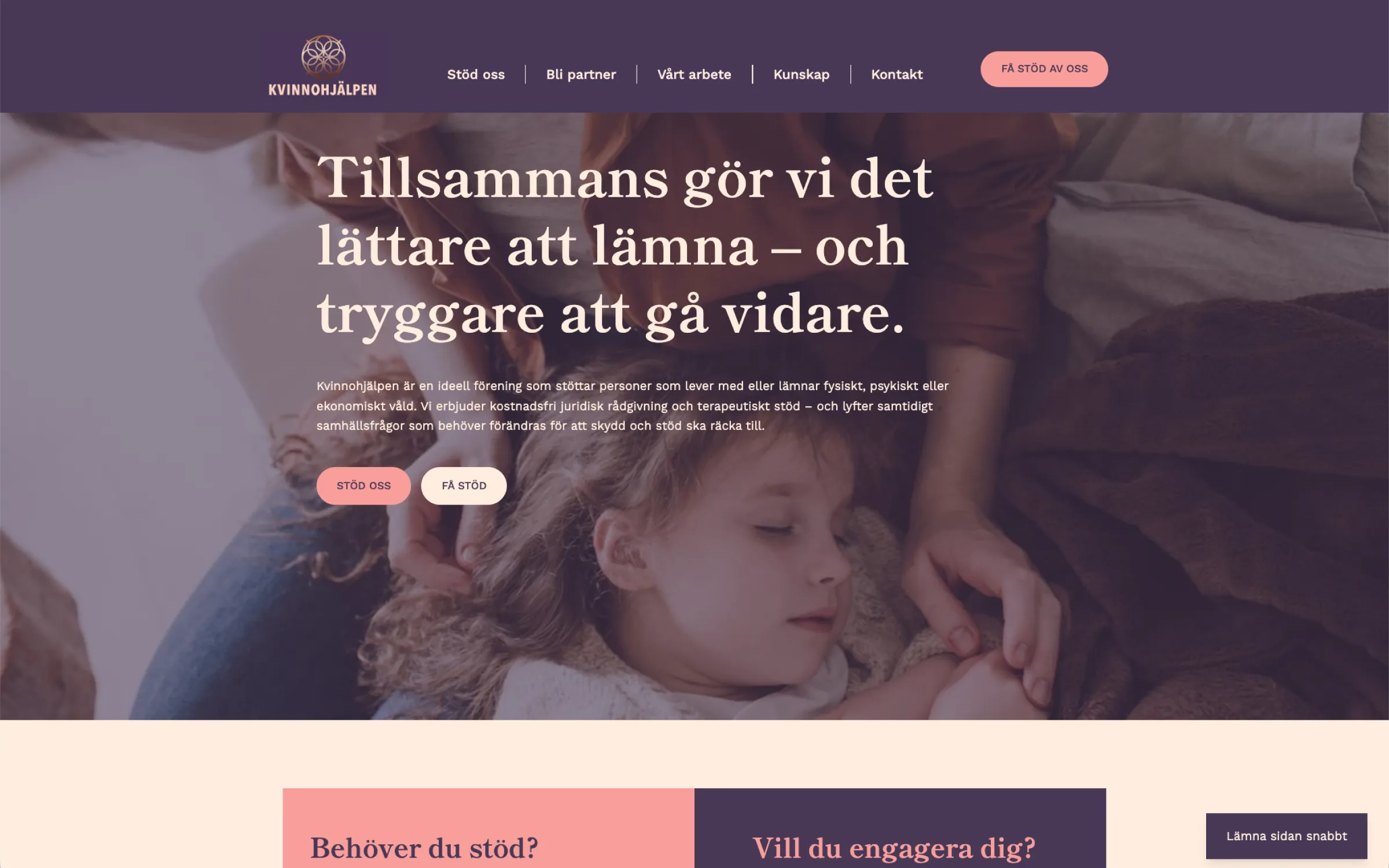 Startsidan på kvinnohjalpen.se med rubriken ”Tillsammans gör vi det lättare att lämna – och tryggare att gå vidare.”