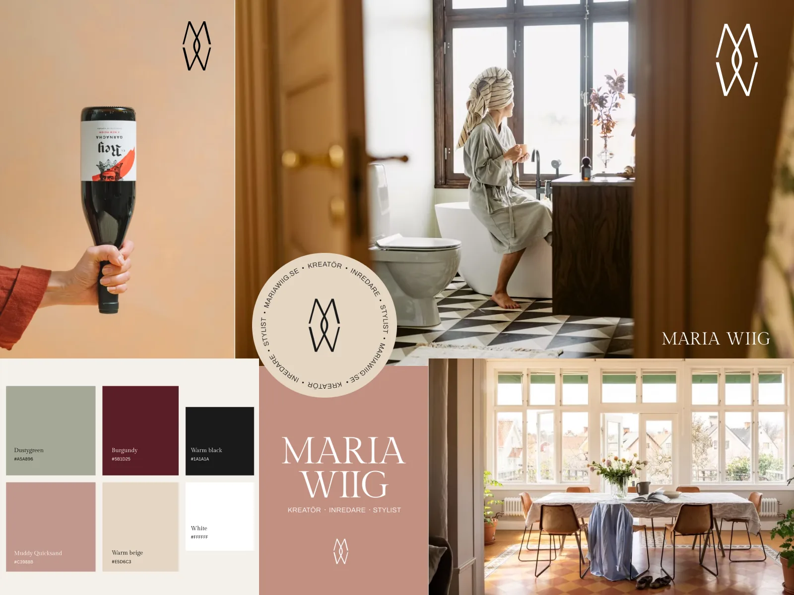 Moodboard för Maria Wiig med symbolen, en rund stämpel, färgpaletten och inredningsbilder.