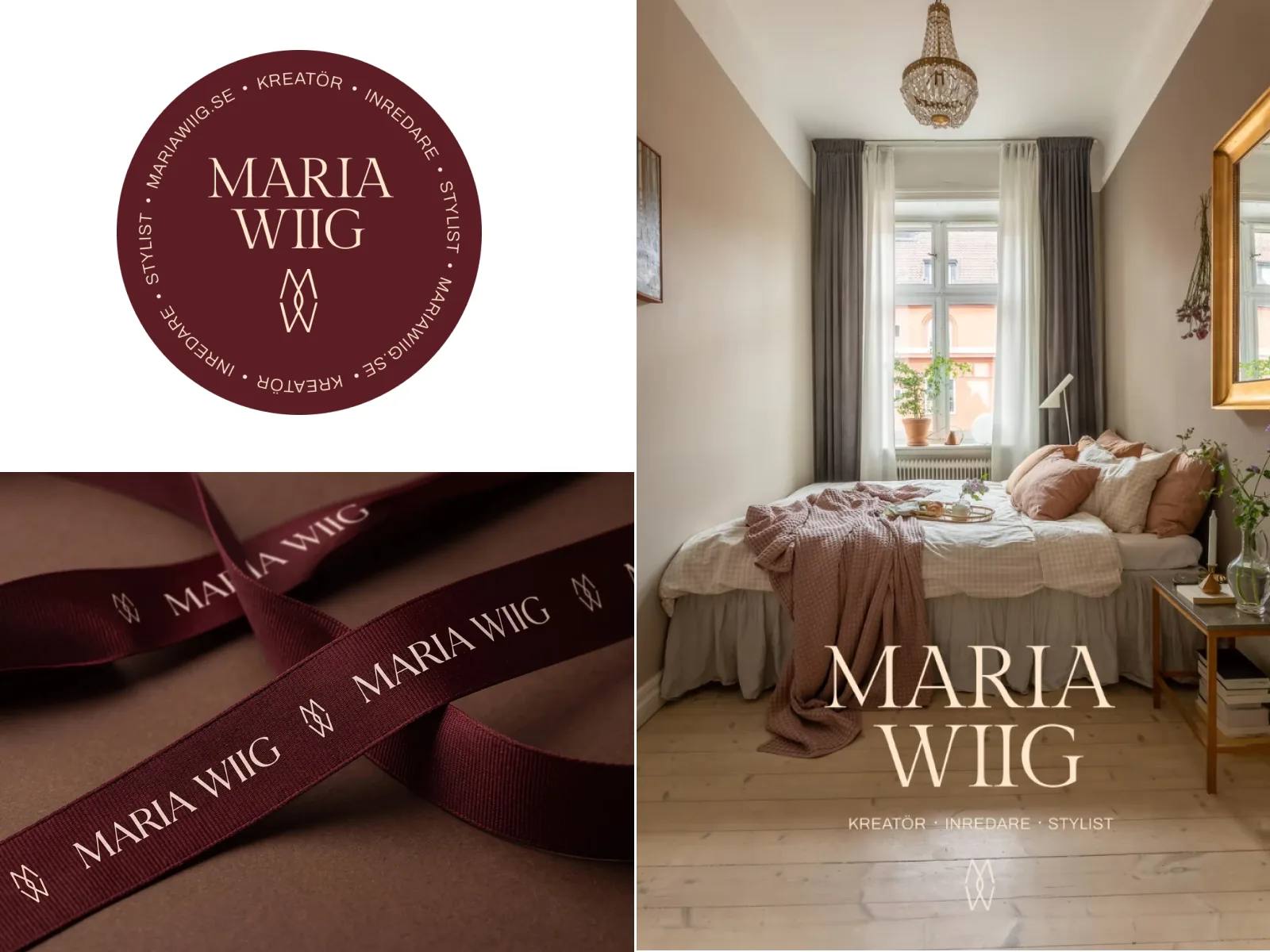 Maria Wiigs runda logotyp i vinrött, ett tryckt band med namnet och logotypen över en bild av ett sovrum.