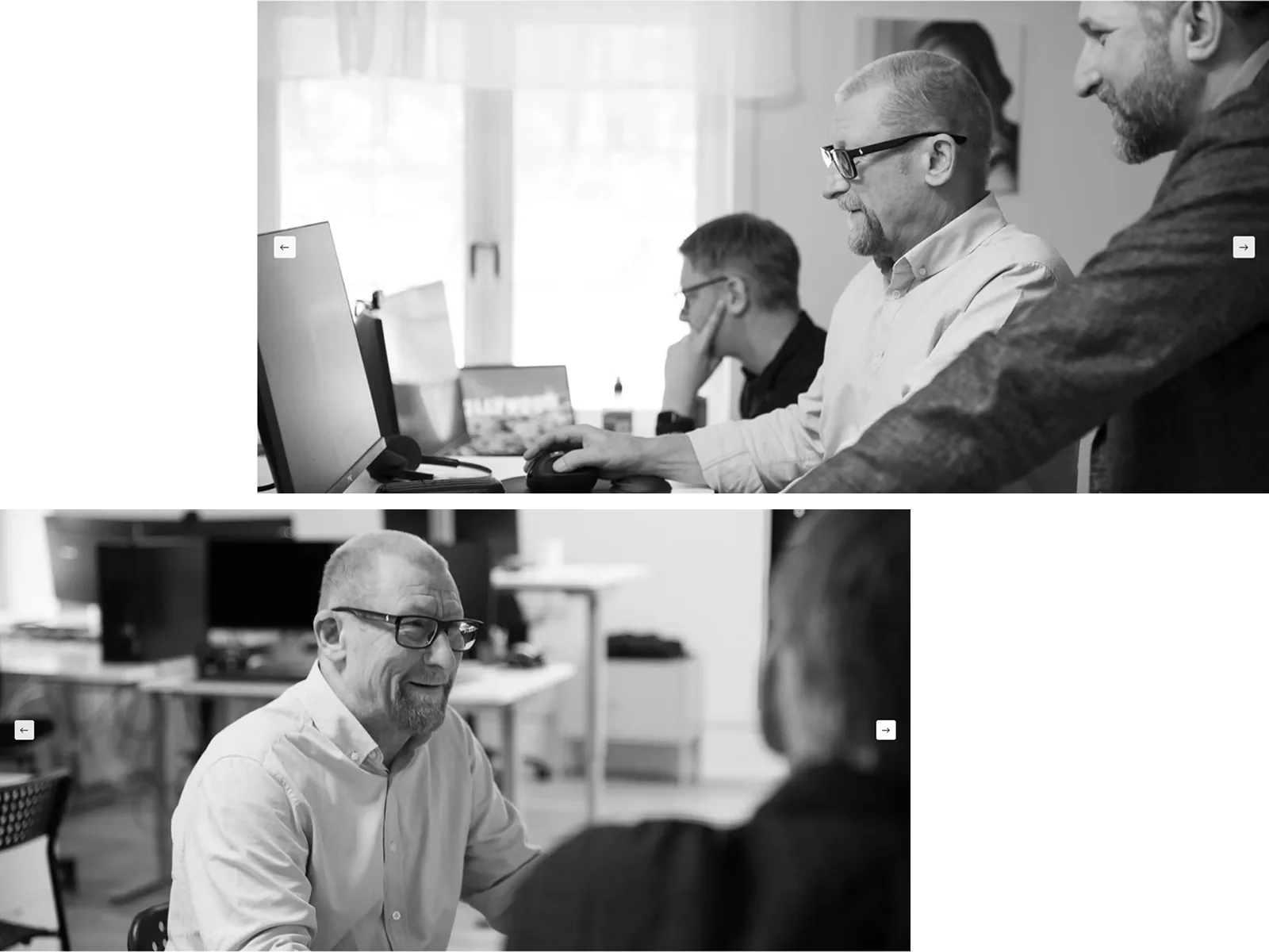 Svartvita bilder på medarbetarna på Stockholm Streams kontor.